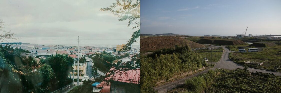 Shinchi in 1997 (left) and in August 2014, over three years after most of the town was swept away by the March 11 tsunami. (© Shinchi Town [left], Saiki Katsumi)