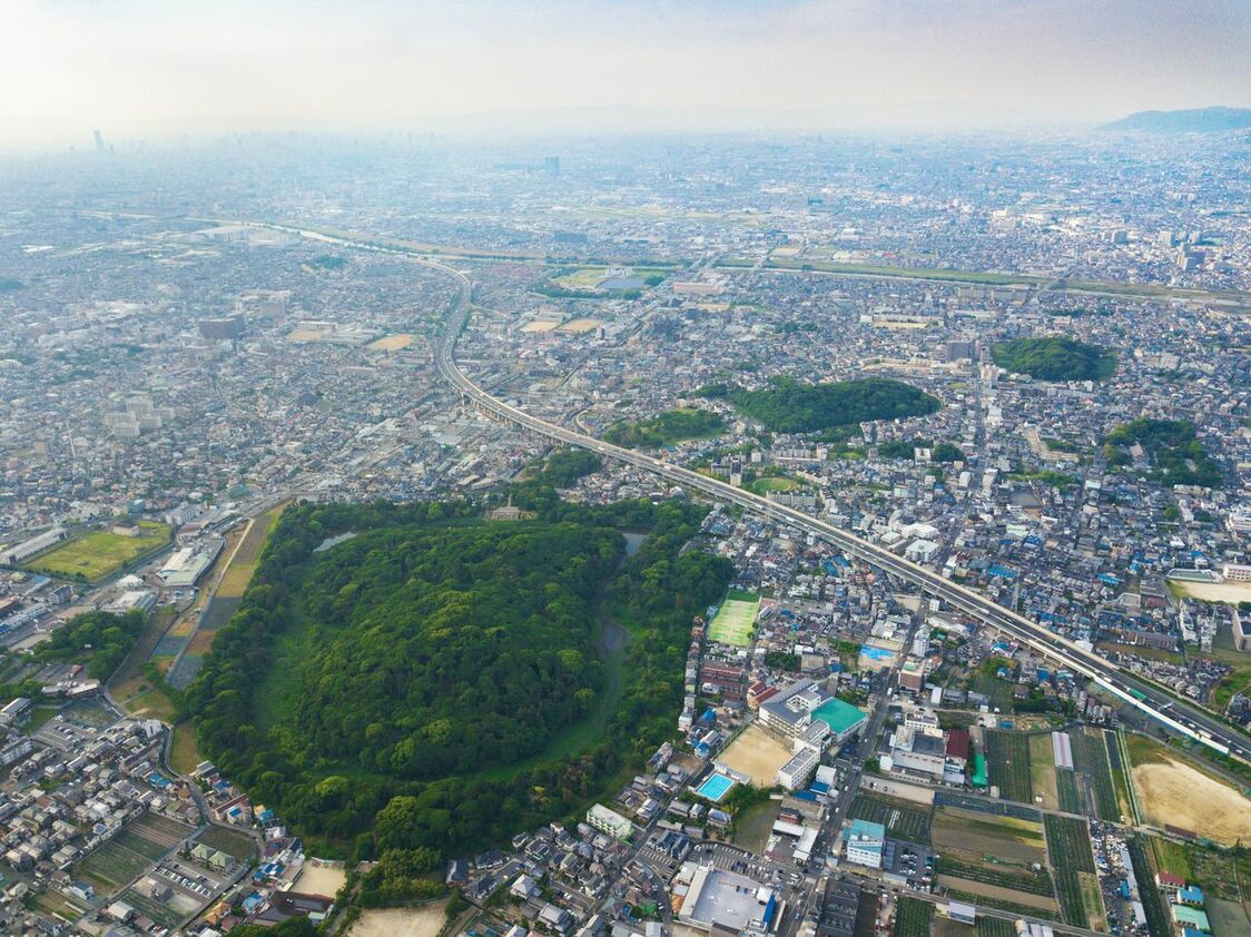 Les kofun qui se prolongent du haut vers la droite forment comme une queue rattachée grand monument funéraire Konda-Gobyôyama.