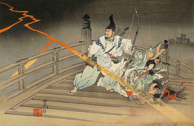 《濑田桥上秀乡救龙女》(安达吟光画)。秀乡在琵琶湖过桥时,路遇一条大蛇横在桥上。就在他坦然踩着蛇背走过大桥的当天晚上,一位美女(神龙的化身)来访,恳请他出手消灭蜈蚣(东京都立中央图书馆特别文库室收藏)