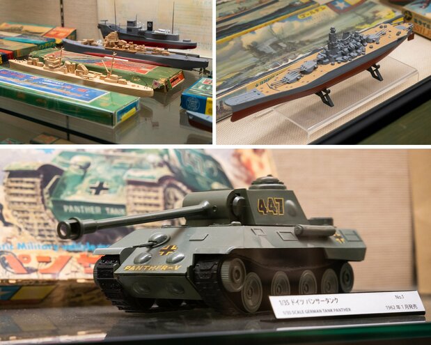 （左上）早期的木制模型 （右上）“1/800 战舰大和” （下）“1/35 豹式坦克”
