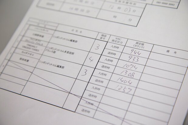 全身放射线计数器测量结果。笔者（表内第三行）的采访前数值为1404，采访后降到了1257。采访前的数值在三人中最高，据说是因为平时喜欢吃海藻的影响