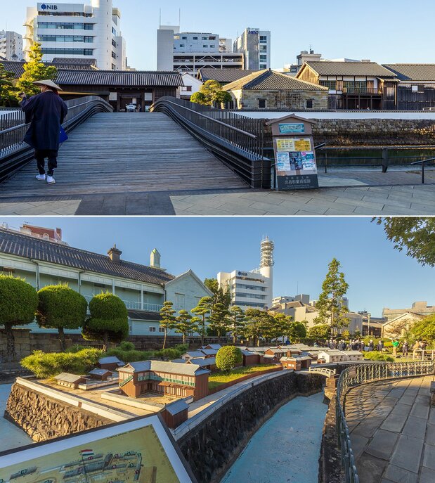 長崎出島の跡地は市が復元整備を進め、野外博物館に。当時のミニチュア(下写真手前)や1878(明治11)年に建てられた現存最古のプロテスタント神学校(左奥)も展示