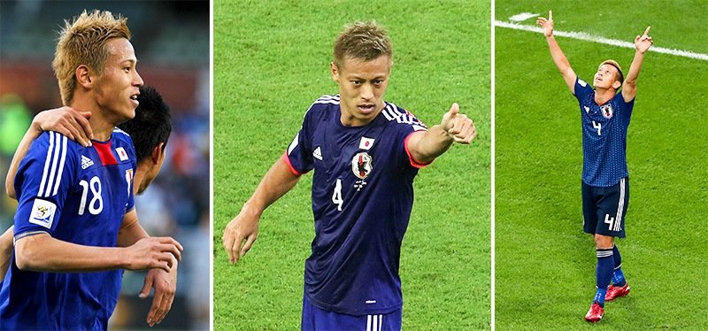 左ら2010年南アフリカ、2014年ブラジル、2018年ロシアのW杯でゴールを決めた本田圭佑選手。 ユニホームはいずれも日本代表の伝統色である「青」が採用されている。（時事）
