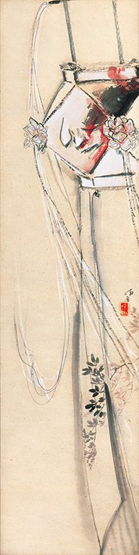 Kasane no bon tōrō (Kasane’s Obon Festival Lantern). The face that appears in the swinging Obon lantern has one swollen eyelid, so the eye is not visible. It represents the vengeful spirit of a murdered woman called Kasane.