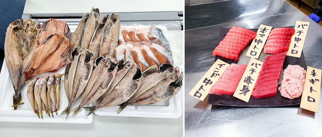 （左）漁師応援干物セット、（右）中とろマグロセット（解凍例）＝いずれも提供写真