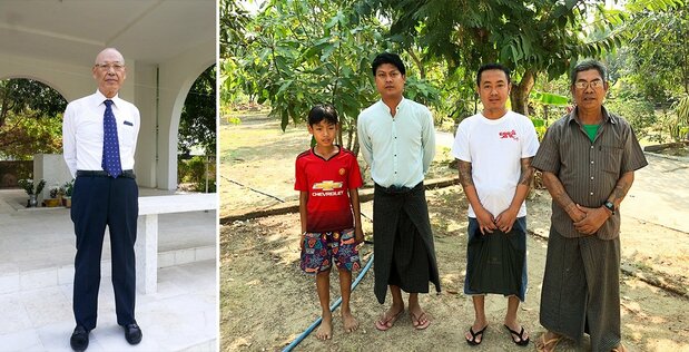 Japanese Association’s Ikeya Osamu (left) and cemetery caretakers at the Yangon Japanese Cemetery. (Courtesy the author)