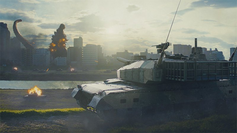 Des simulations réelles ont servi de base pour les tirs des forces d’autodéfense sur Godzilla. (© 2016 TOHO CO., LTD.)