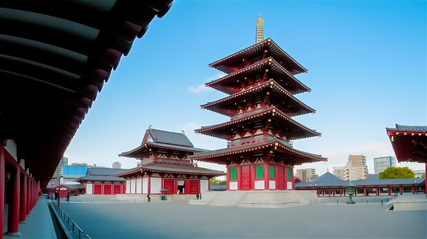 建造于飞鸟时代（592-710年）的四天王寺。大阪的地名天王寺就来源于此  