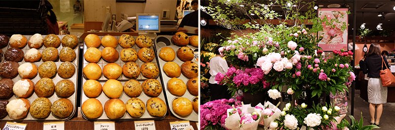 A station shop selling freshly baked muffins (left); an ekinaka flower shop (right). (© Nippon.com) 