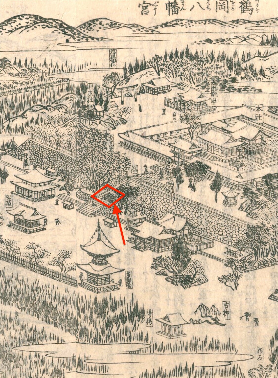 Святилище Цуругаока Хатимангу, рисунок 9 года Кансэй (1797). Красным обведено место, где произошло убийство. Видно также дерево гинкго, за которым, как говорят, прятался Когё. Сборник «Знаменитые места тракта Токайдо», Т.6 (Токайдо мэйсё дзуэ, собрание Национальной парламентской библиотеки)