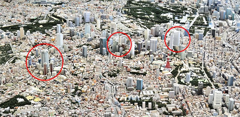 模型で見る森ビル主要プロジェクトの位置関係。左：六本木ヒルズ、中央：アークヒルズ、右：虎ノ門ヒルズ。