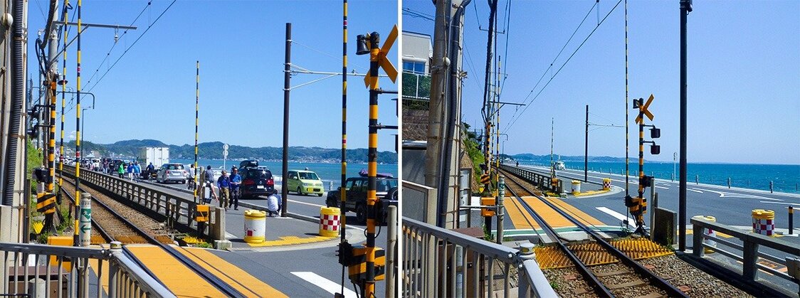 （左）4月19日、（右）4月29日＝江ノ電「鎌倉高校前」駅そばで
