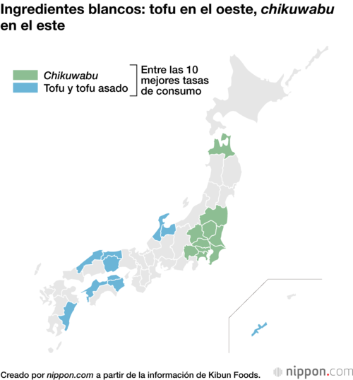 Ingredientes blancos: tofu en el oeste, chikuwabu en el este
