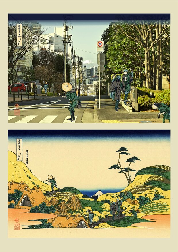 『富嶽三十六景NOW! 下目黒』 浮世写真家 喜千也 (2021)。葛飾北斎の『富嶽三十六景』には、江戸(主に東京23区)からの景色が16枚ある。その中で今でも富士が見える場所は、下目黒だけになってしまっている