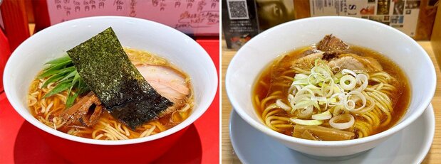 『カドヤ食堂 総本店』的「中華そば」(左)、『人類みな麺類』的「原點拉麵(薄切叉燒)」(右)