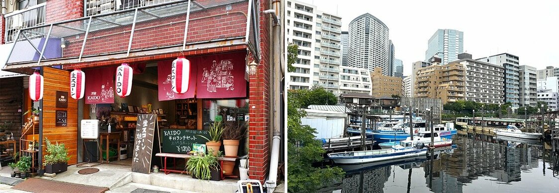 （左）赤れんがの外観が印象的な「KAIDO books&coffee」（右）品川浦周辺では、船溜まりの風情を生かした再開発事業が始まっている　写真：天野久樹