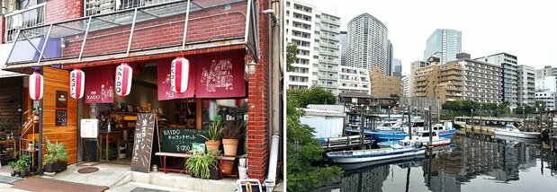 Kaido Books & Coffee stands out with its red bricks (left); the view across the water. (© Amano Hisaki)