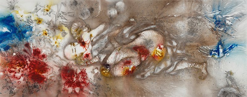 Seasons of Life: Summer, 2015. Gunpowder on canvas. 259 cm x 648 cm. From the artist’s collection. Photo courtesy of the Yokohama Museum of Art.
