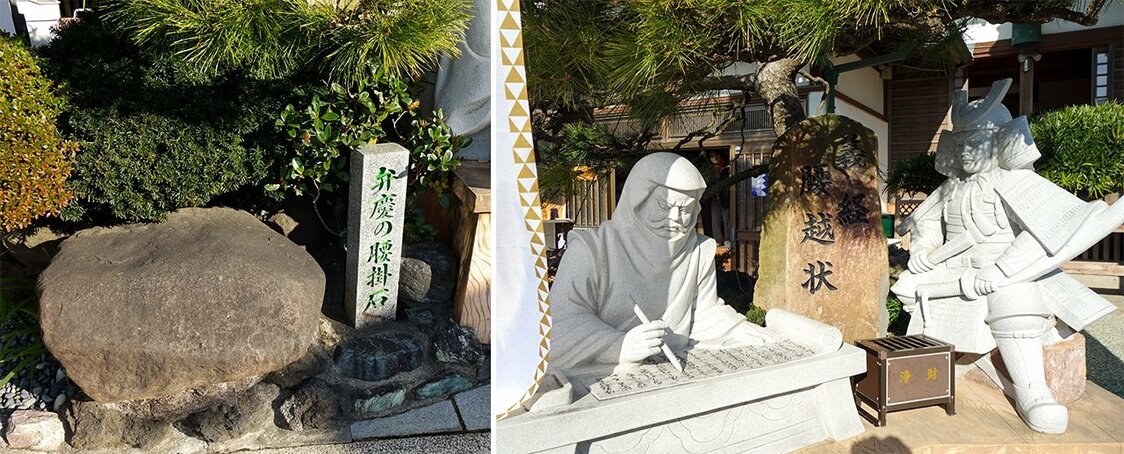 （左）境内にある「弁慶の腰掛石」、（右）弁慶と義経像（筆者撮影）