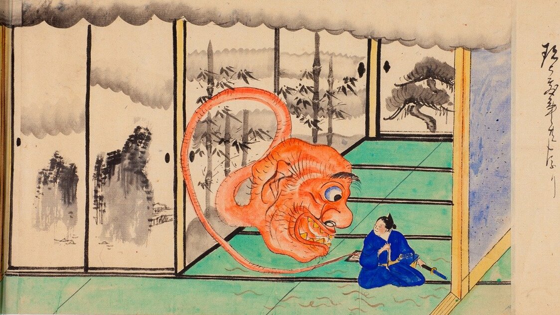 《百物語繪卷》部分圖像／明治時代。明治以降《稻生物怪錄》成為許多作品的主題，上圖場景為7月30日發生的怪異現象，和室中出現了灰燼的妖怪，地面上還爬著許多蚯蚓。＜館藏提供：湯本豪一記念日本妖怪博物館（三次物怪博物館）＞