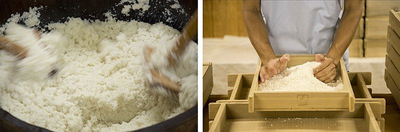 Слева: процесс смешивания кодзи, сырьевого риса и воды. Подобное производство требует кадровых и временных затрат. Справа: компания отказалась от сезонной системы найма, и теперь рисоводством и сакэварением занимается штатный персонал – молодые рабочие до 35 лет. На фото рабочий регулирует температуру и уровень влажности в закваске кодзи.