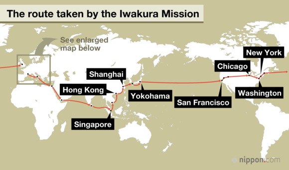 The voyage began from Yokohama on December 23, 1871, returning to Japan on September 13, 1873.