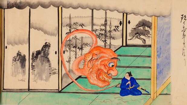 《百物語繪卷》部分圖像/明治時代。明治以降《稻生物怪錄》成為許多作品的主題,上圖場景為7月30日發生的怪異現象,和室中出現了灰燼的妖怪,地面上還爬著許多蚯蚓。<館藏提供:湯本豪一記念日本妖怪博物館(三次物怪博物館)>