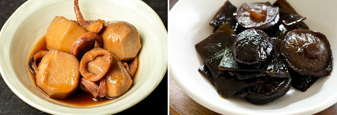 À gauche : nimono de calamar et de satoimo (taro japonais). À droite : tsukudani de champignons shiitake et konbu (Pixta)