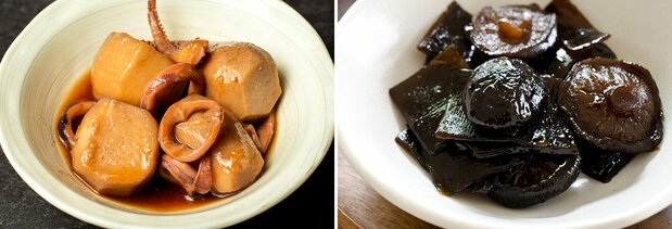À gauche : nimono de calamar et de satoimo (taro japonais). À droite : tsukudani de champignons shiitake et konbu (Pixta)