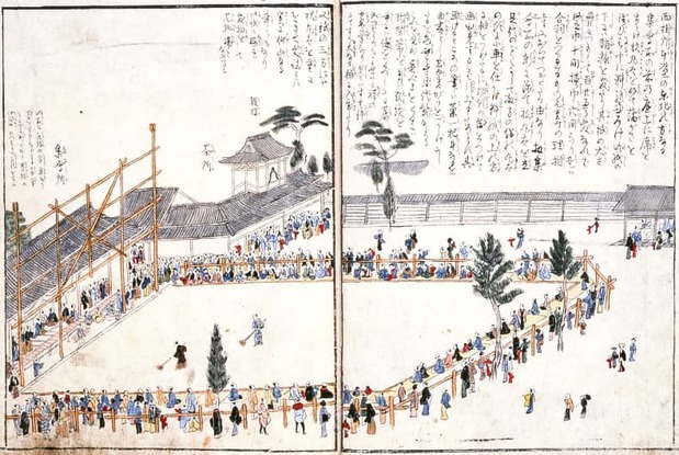 Dans sa « Description illustrée de Hokusai peignant sur le vif sa grande œuvre » (Hokusai taiga sokusho saizu), Enkôan montre la foule venue assister à la démonstration de Hokusai. (Avec l’aimable autorisation du Musée municipal de Nagoya)