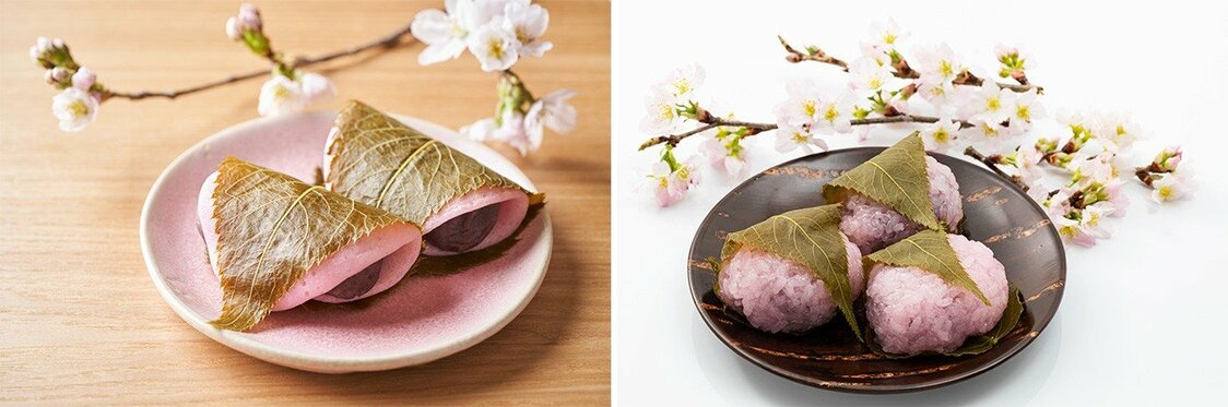 Sakuramochi, made in Kantō style (left) and Kansai style. (© Pixta)