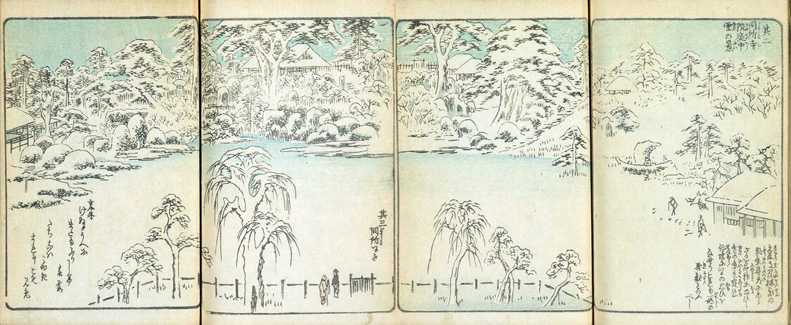 広重著『絵本江戸土産』4巻「日暮里諏訪の台 其二、其三」をつなげると、右から、船形の植木、坂、木戸と「番神」の屋根（奥）と名所江戸百景と同じものが雪景で描かれている