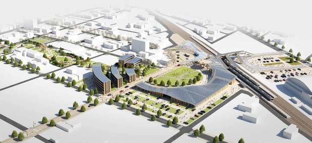 The proposed design for the Namie Station precinct. (Courtesy Namie government; © Kengo Kuma and Associates)