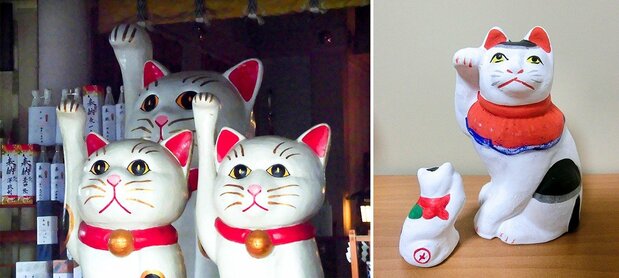 The giant manekineko of Imado Shrine, at left, and a marushimeneko (right).