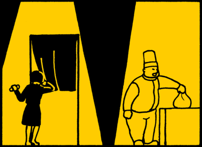 “Is he in there?” she wondered, peeking through the entrance curtain. Her father was teaching the baking apprentice.