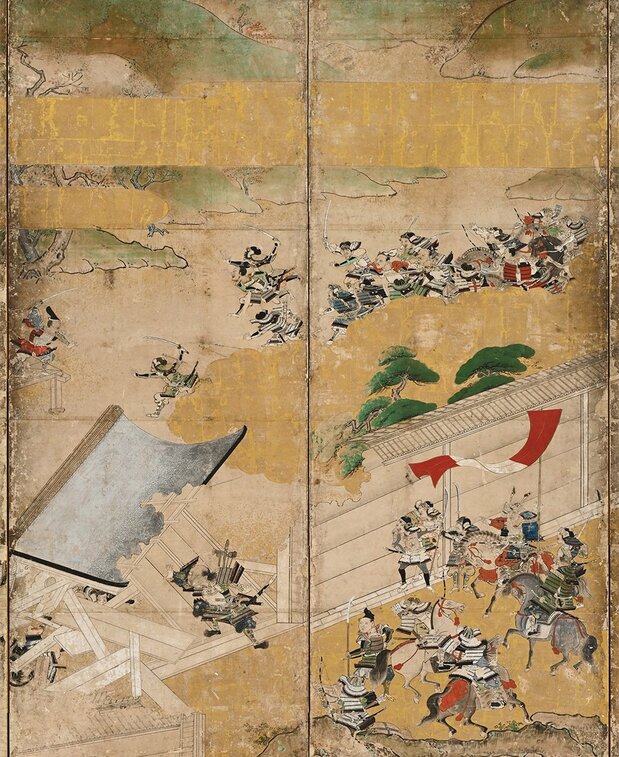 朝比奈義秀が南門を打ち破った様子を描いた「和田合戦図屏風(部分)」(都城市立美術館所蔵)