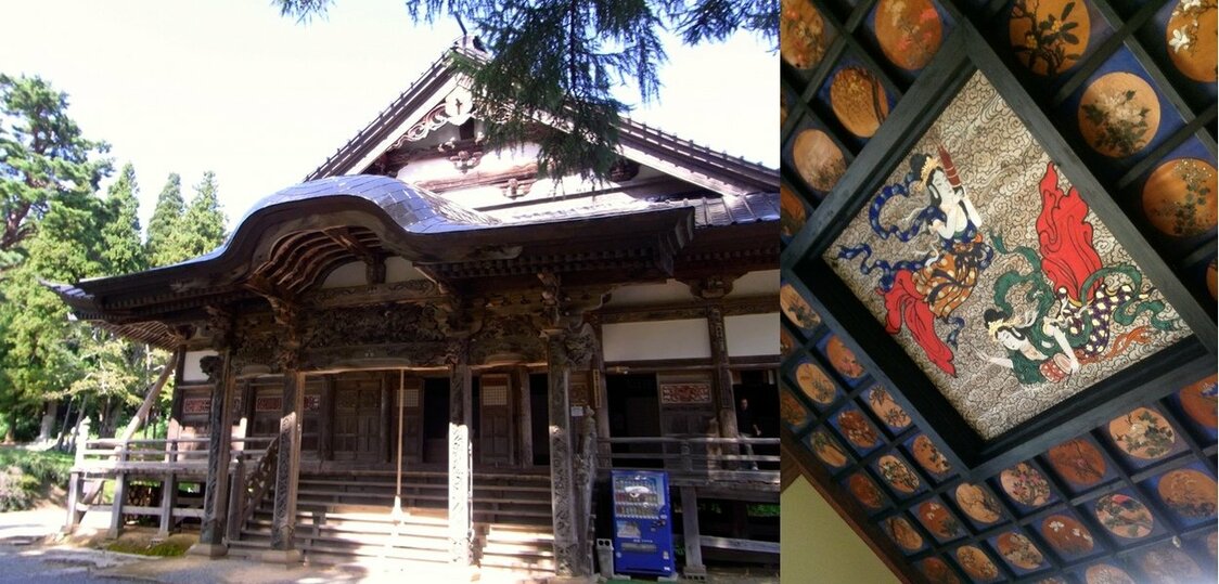 Chūrenji (left) and one of the ceiling murals from the temple’s interior (right).