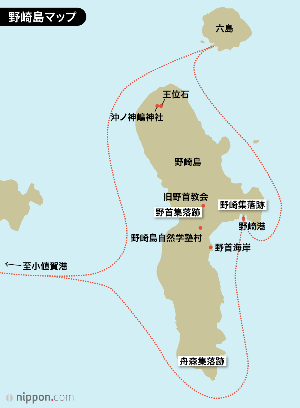 野崎島は五島列島の北東部、小値賀島の2キロ東にある。南北約6.5km、東西約2km、面積7.36平方km。小値賀町に属する