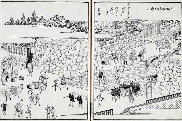 Yotsuya Ōkido en la obra Edo meisho zue (Mapa de lugares famosos de Edo). El mizuban-ya estaba detrás del muro. (Biblioteca Nacional de la Dieta)