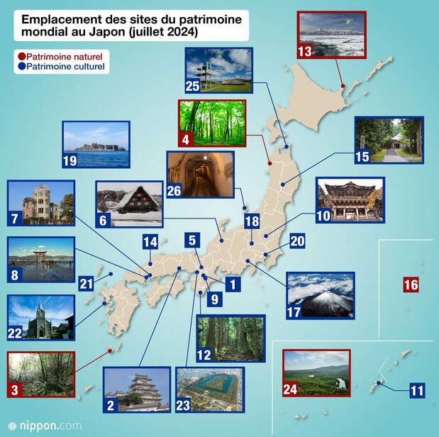 Emplacement des sites du patrimoine mondial au Japon (juillet 2024)