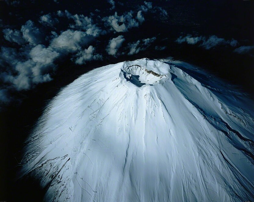 Aerial view of snowcapped crater of Mount Fuji (December)