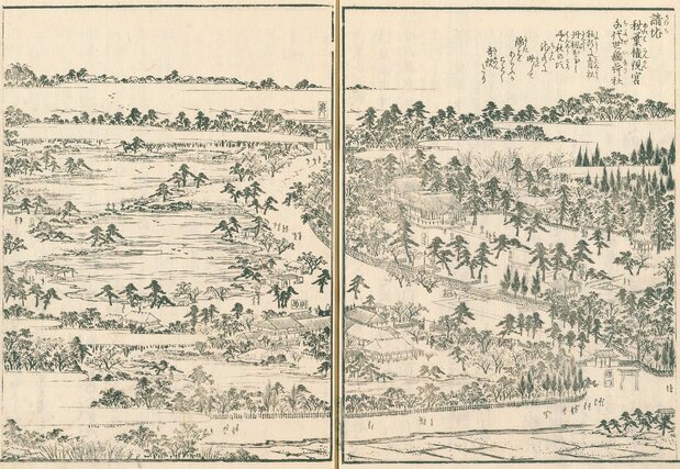 『江戸名所図会』(国会図書館蔵)の「請地秋葉権現宮千代世稲荷社」。中央を通る道の右に秋葉稲荷両社の境内、左に別当の満願寺と林泉を描いている