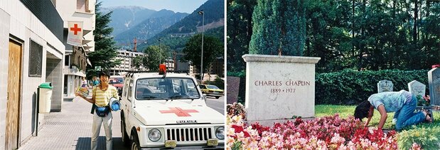 左：1989年、21 歳で初めての欧州大巡礼。バックパックを盗まれ、ぼうぜんとする。右：墓参りは何回か行うのが原則。1994年、初めてのチャップリンの墓参り（スイス・ヴヴェイ）。その後数回訪れている