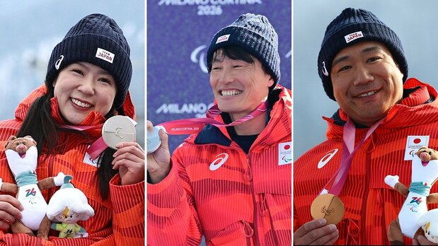 在高山滑雪女子超级大回转和高山滑雪女子回转项目中分别获得银牌的村冈桃佳（路透社）、在单板滑雪男子坡面回转（下肢残障LL1级）项目中获得银牌的小栗大地（FIS via Reuters Connect）、在高山滑雪男子回转（坐姿）项目中获得铜牌的铃木猛史（路透社）