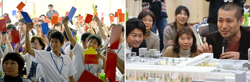 Seminario celebrado en Nobeoka, prefectura de Miyazaki, para debatir sobre el diseño de un nuevo edificio para la estación ferroviaria y un espacio público adyacente. Los participantes levantan cartulinas de colores para responder a pregunas sobre la zona (izquierda). Con la información obtenida en el seminario, Yamazaki y studio-L crearon una maqueta para el proyecto (derecha). (Fotografías gentileza de studio-L)