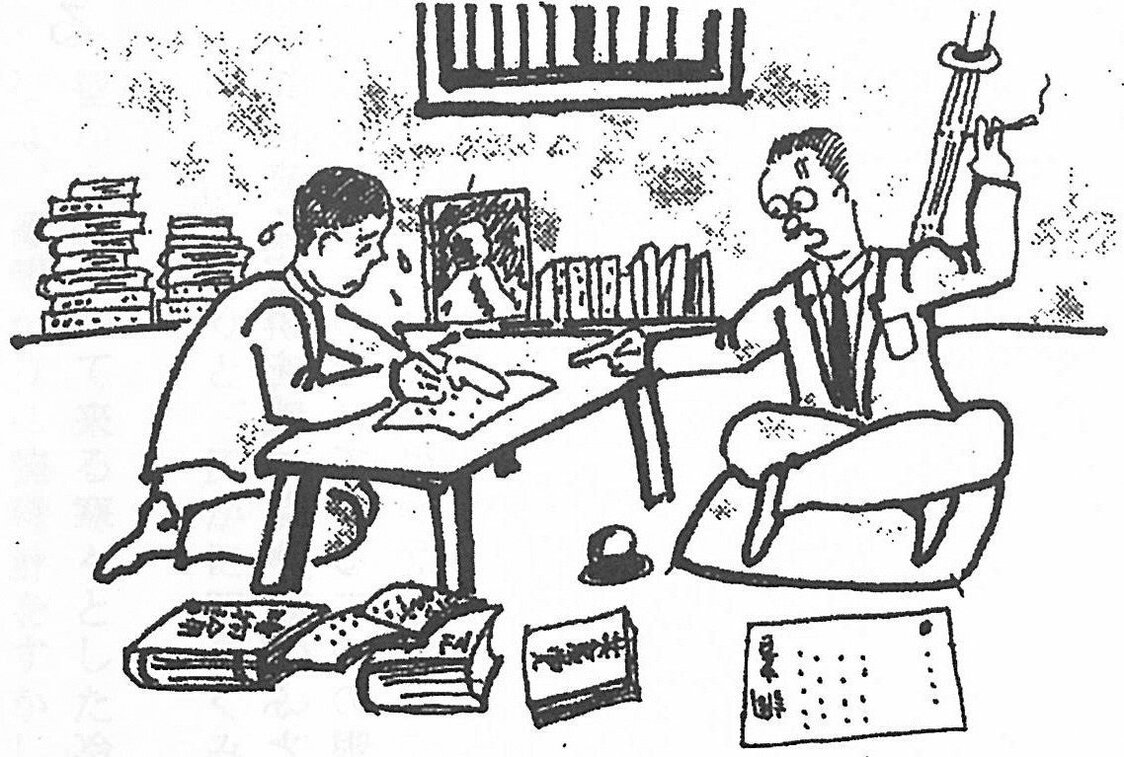 Допросы Специальной высшей полиции (по эскизу Хисия Рёити; источник: автобиография «Столетний поиск»)