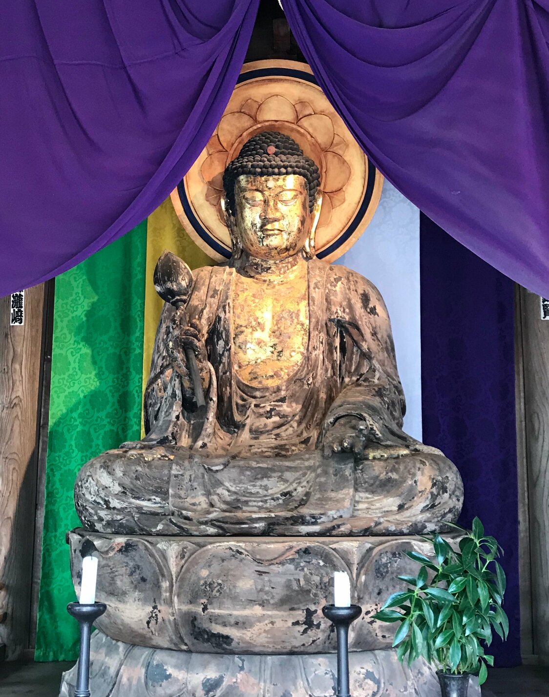 指月殿に安置された釈迦如来。通常、釈迦の像は何も持っていないが、この像は右手に蓮の花を持っているのが珍しい。撮影 : 小林明