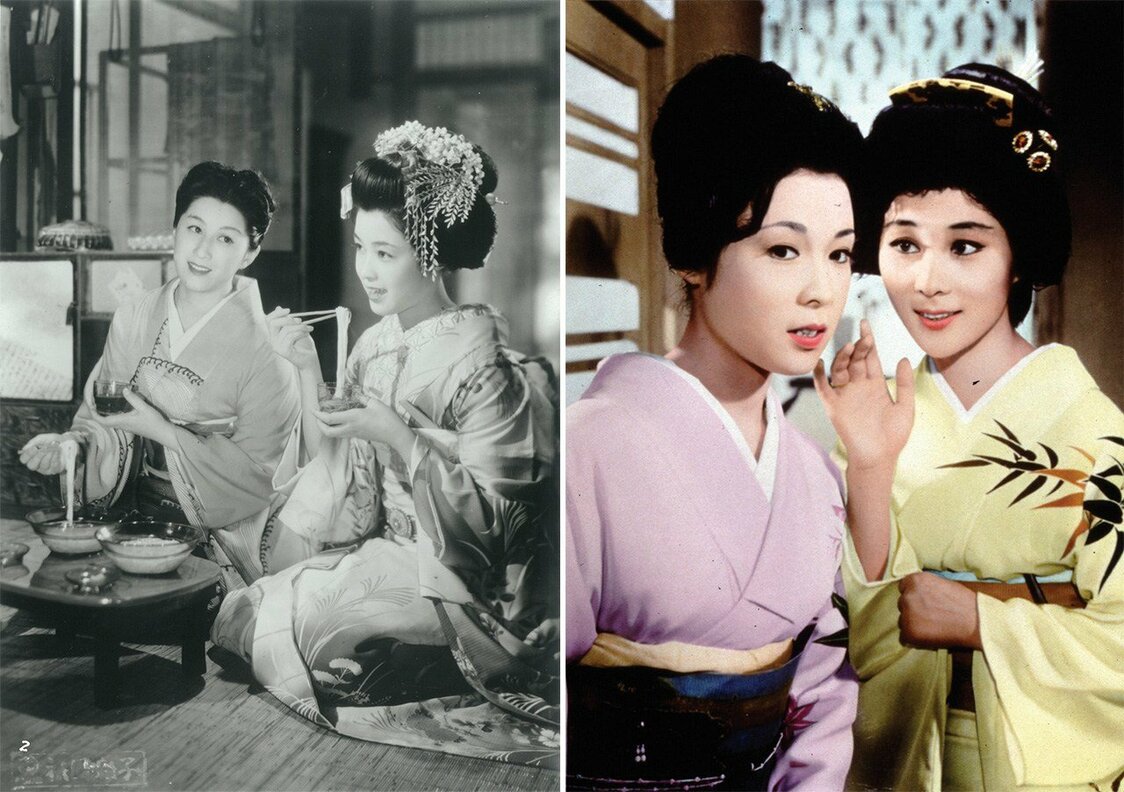 〈左〉溝口健二監督『祇園囃子』（53）で芸妓・美代春（木暮美千代、左）に育てられる舞妓を初々しく演じた8年後、〈右〉川島雄三監督『女は二度生まれる』（61）では無芸で客と寝るしかない不見転（みずてん）芸者に　©KADOKAWA 1953/©KADOKAWA 1961