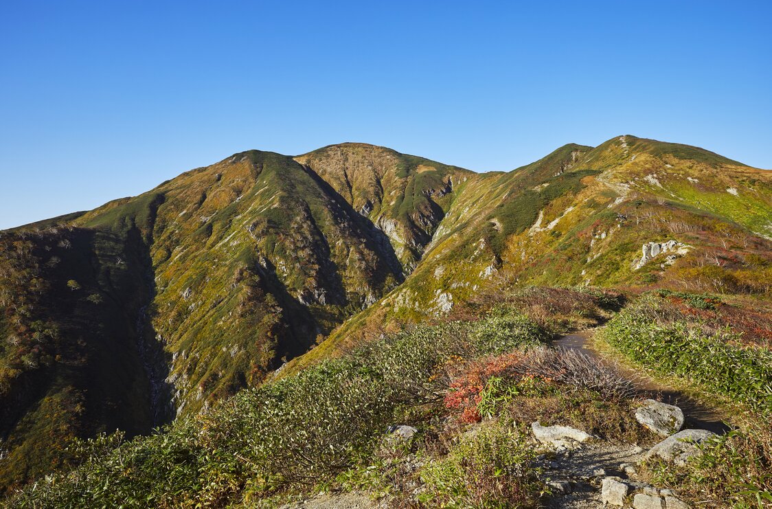 中央が朝日連峰の主峰・大朝日岳（標高1871m）　写真提供：山形県観光物産協会