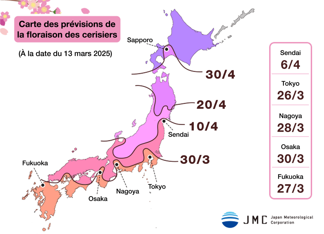 Carte des prévisions de la floraison des cerisiers